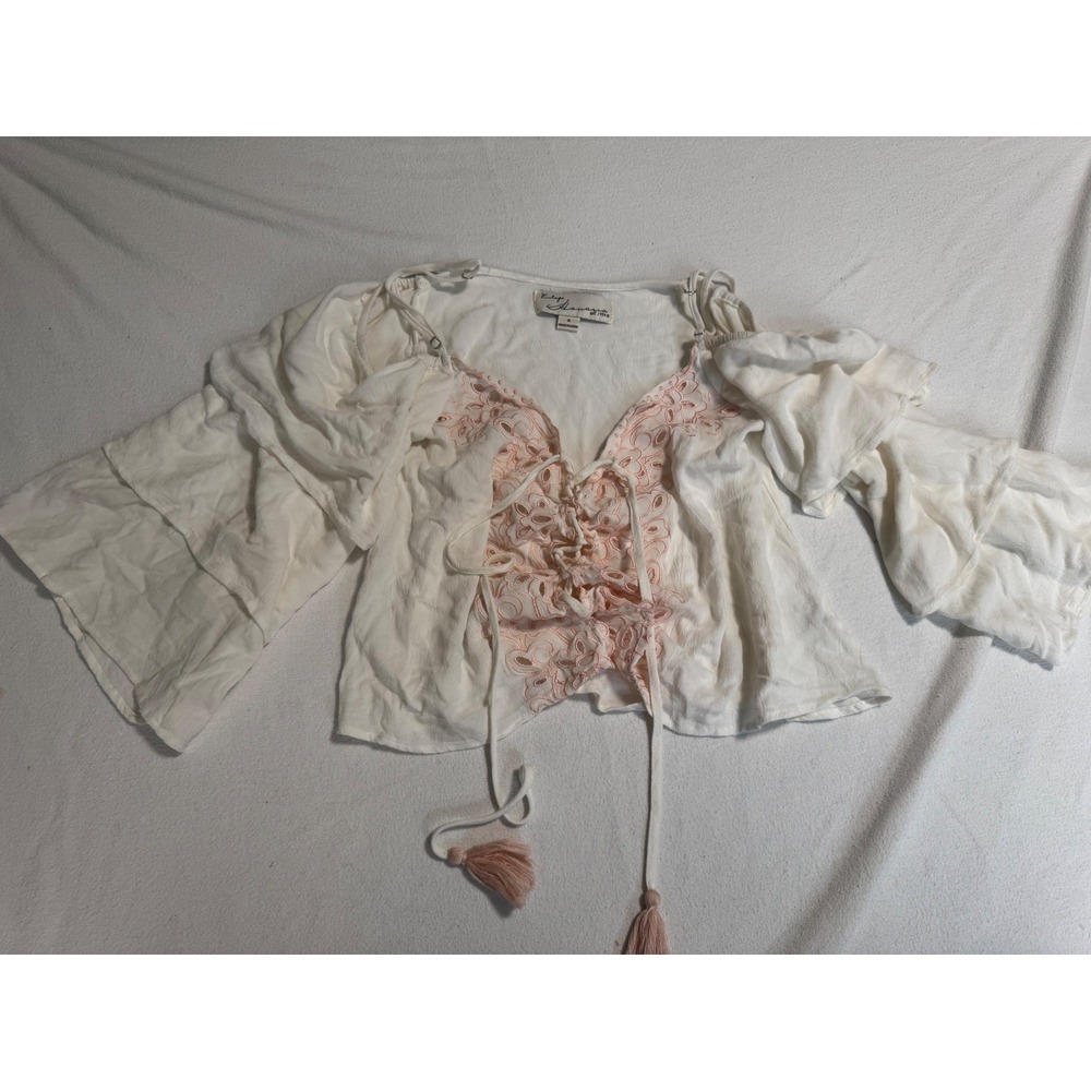 Vintage Havana White Peach Eyelet Lace Up Cold Shoulder Ruffle Top Small